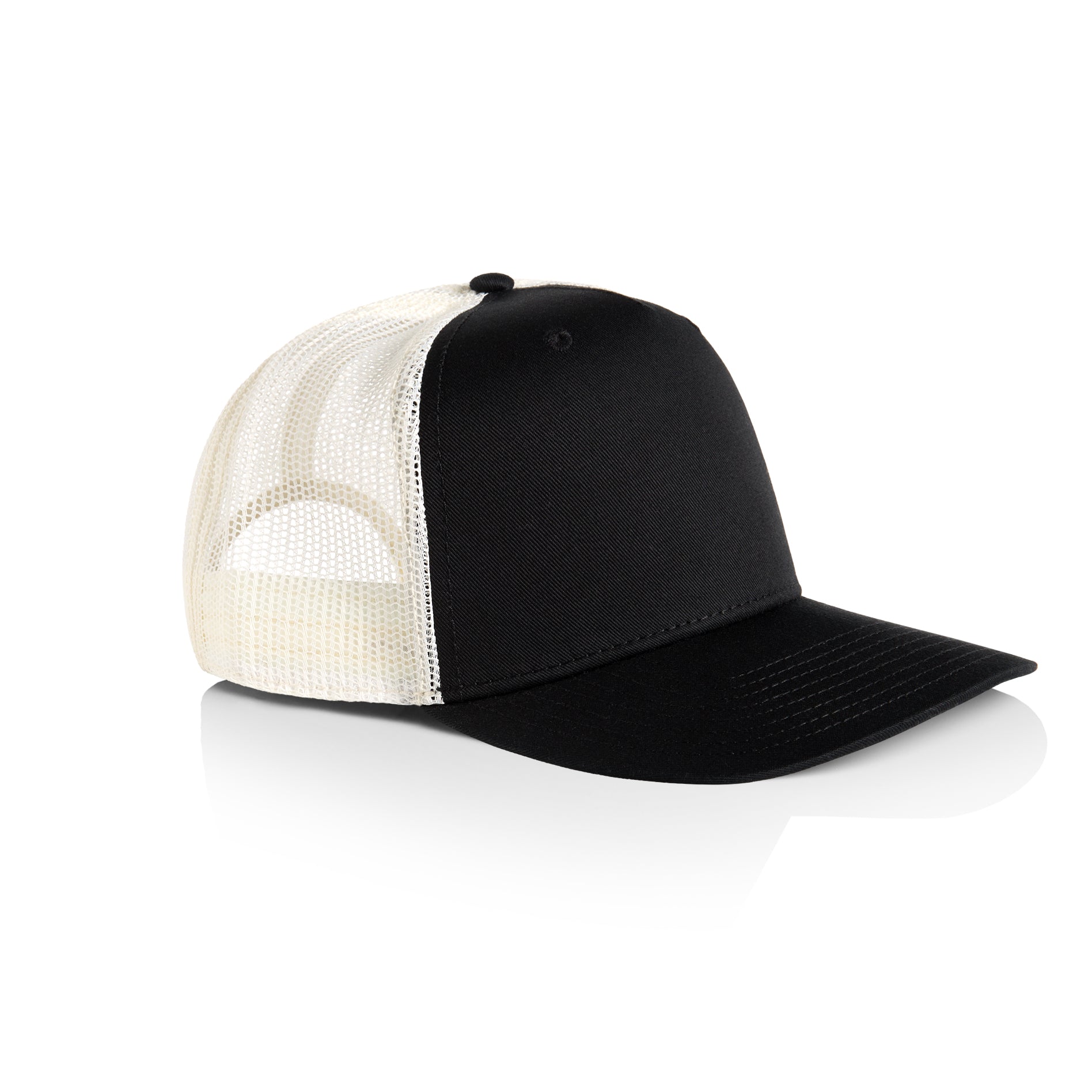 Side image of AS Colour Stock Contrast Trucker Cap in black/ecru colour