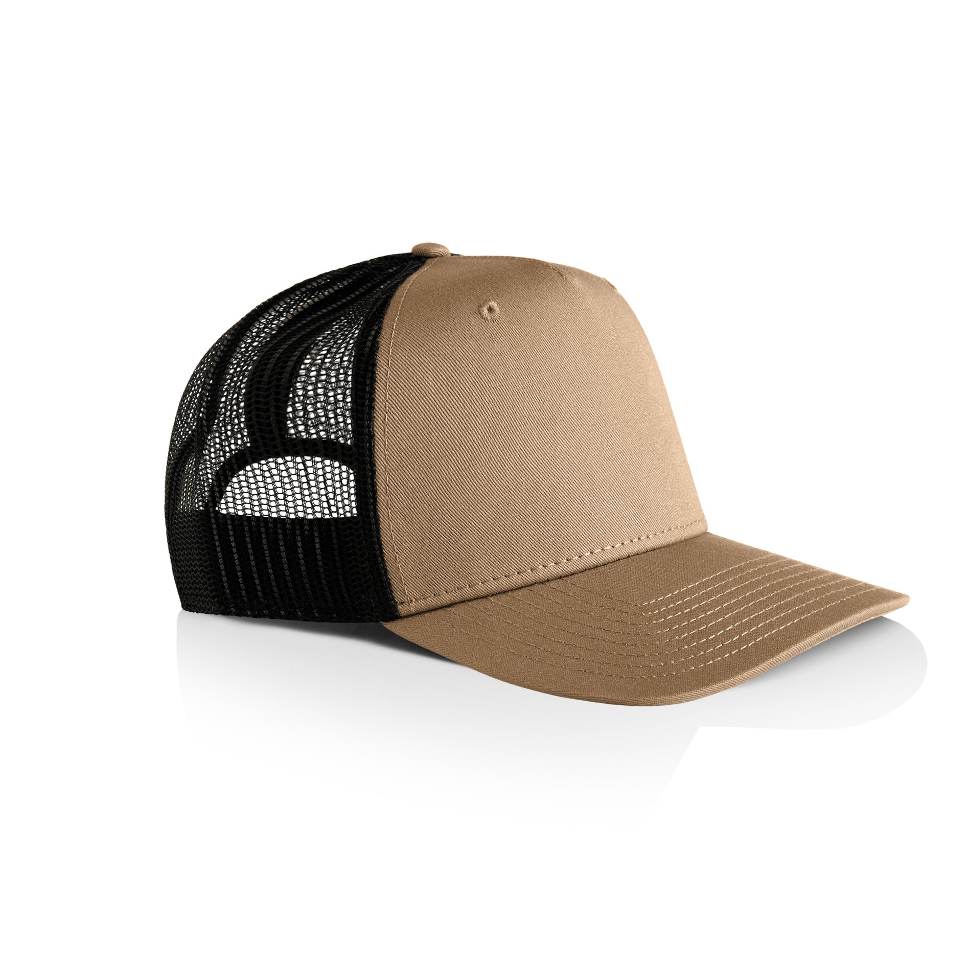 Side image of AS Colour Stock Contrast Trucker Cap in khaki/black colour
