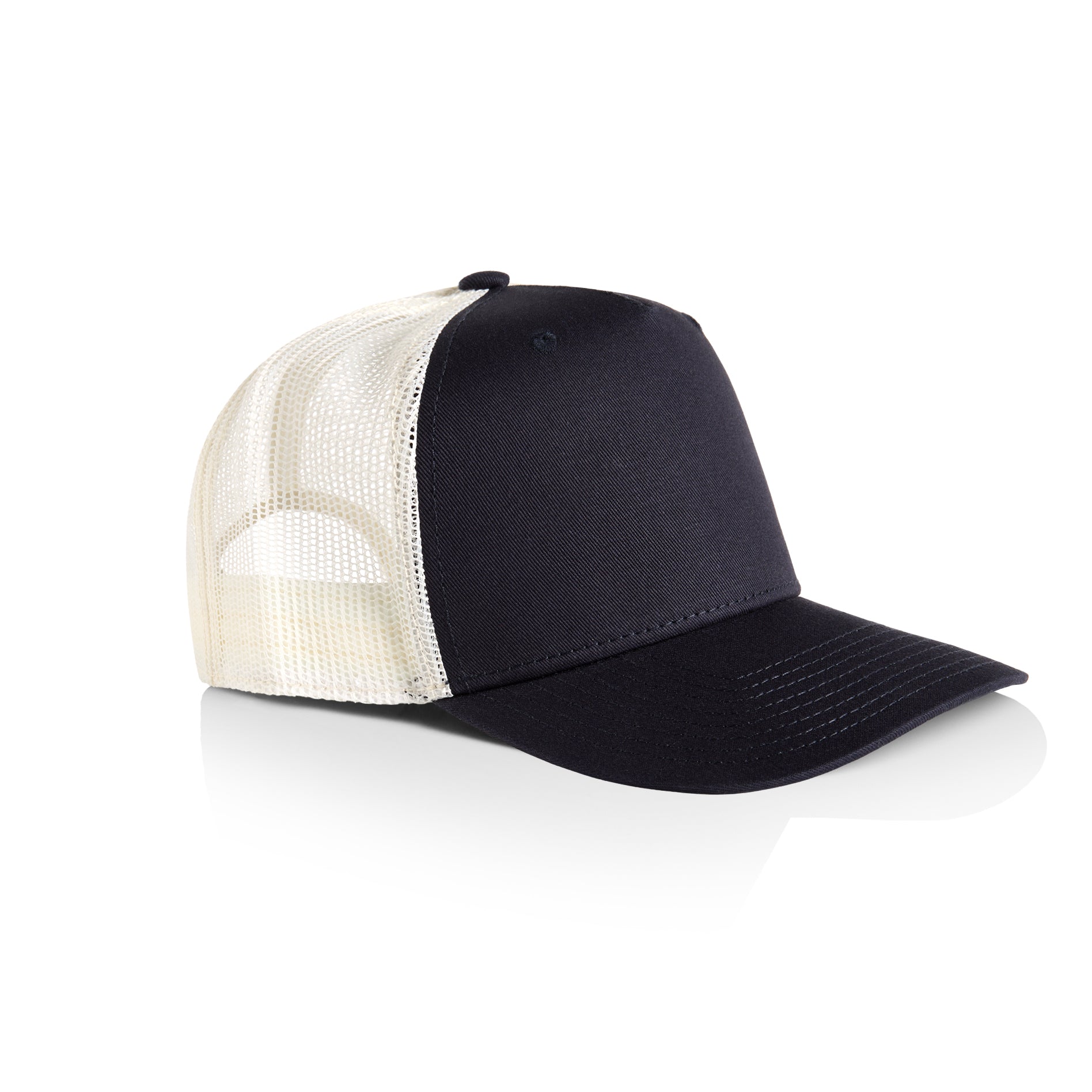 Side image of AS Colour Stock Contrast Trucker Cap in navy/ecru colour