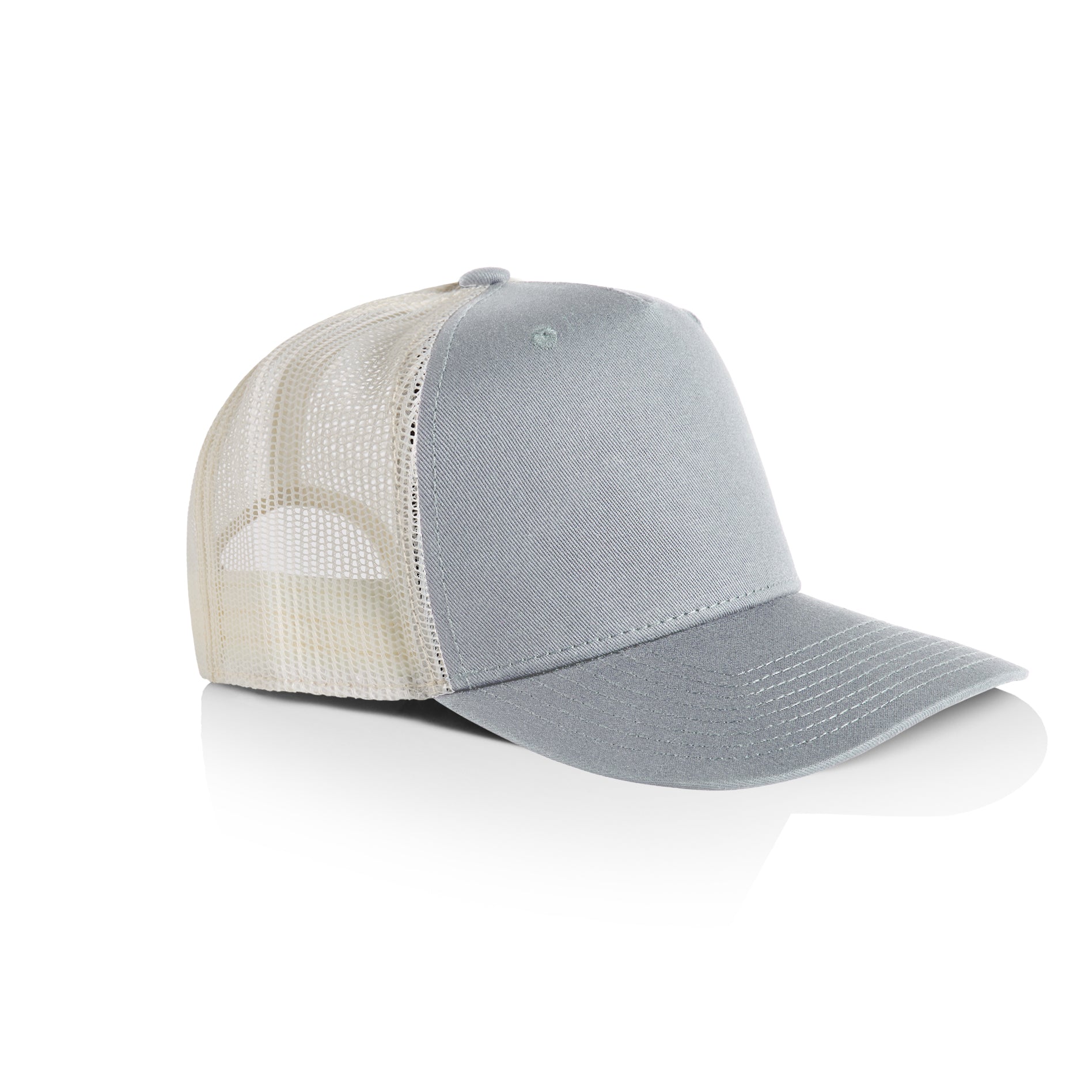 Side image of AS Colour Stock Contrast Trucker Cap in smoke/ecru colour