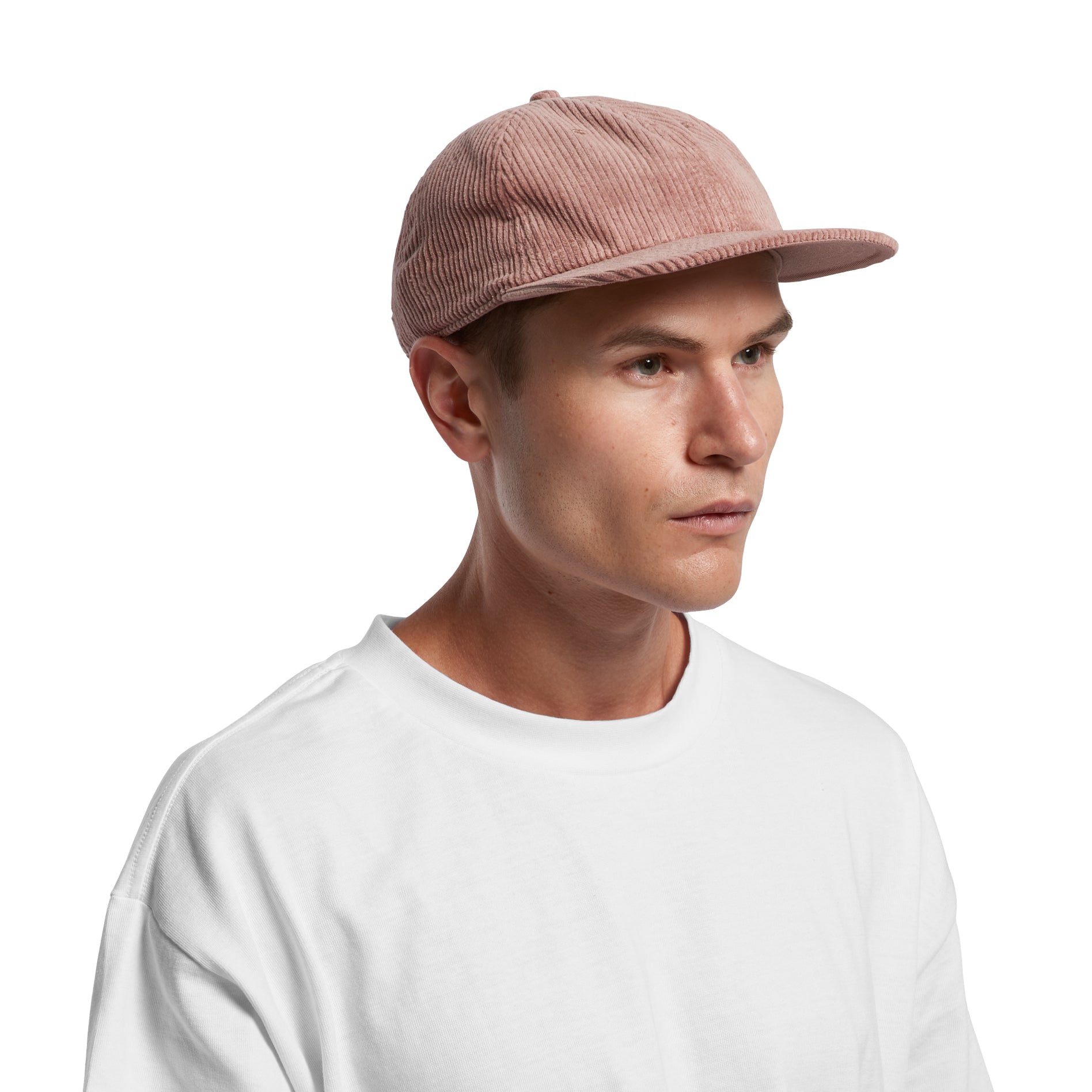 Image of model wearing AS Colour Class Cord Cap in colour Hazy Pink