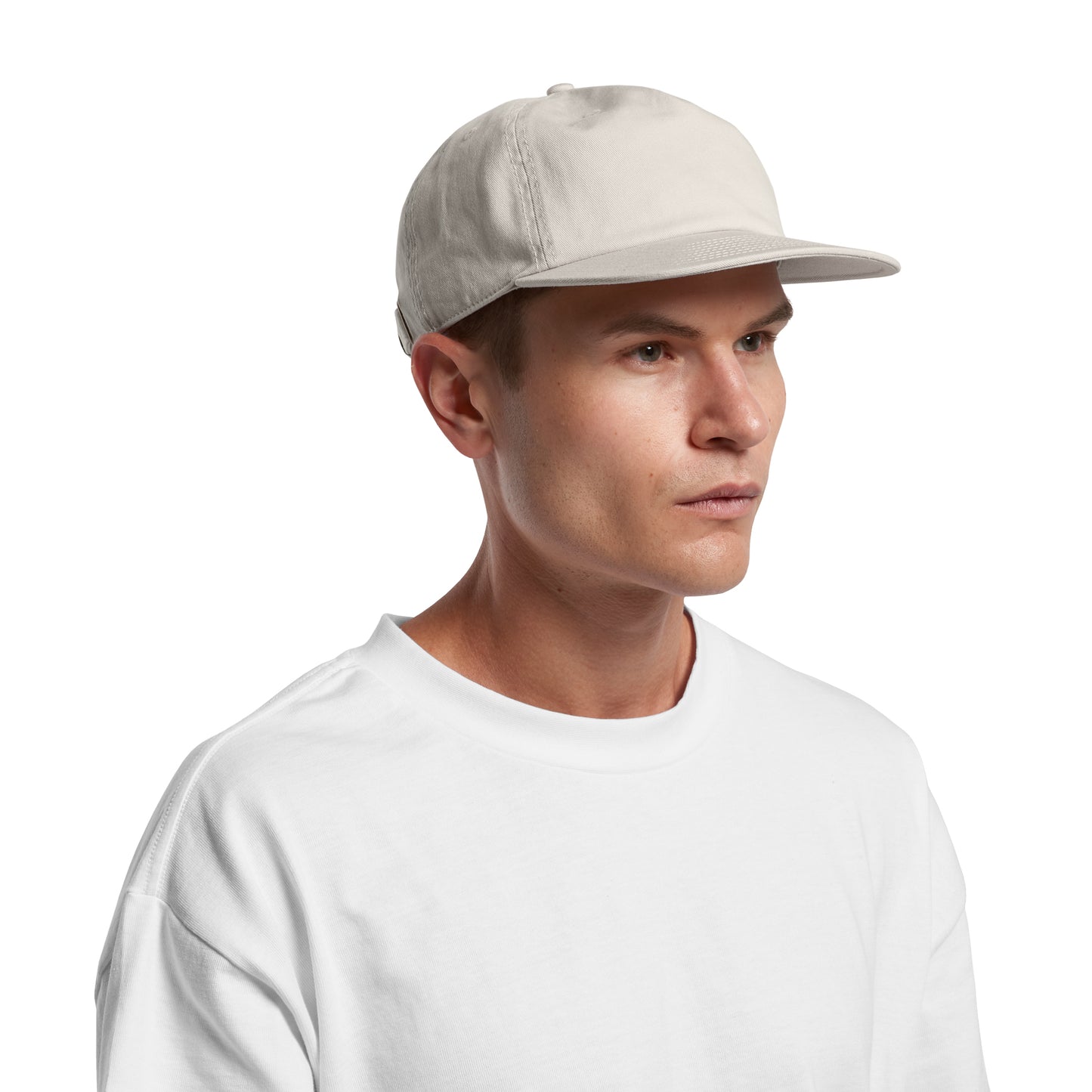 Image of model wearing AS Colour Class Five Panel Cap in Bone