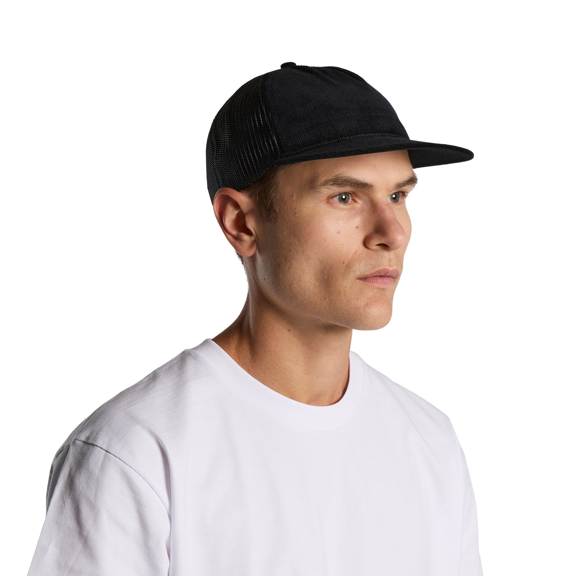 Image of model wearing AS Colour Class Cord Trucker Cap in Black