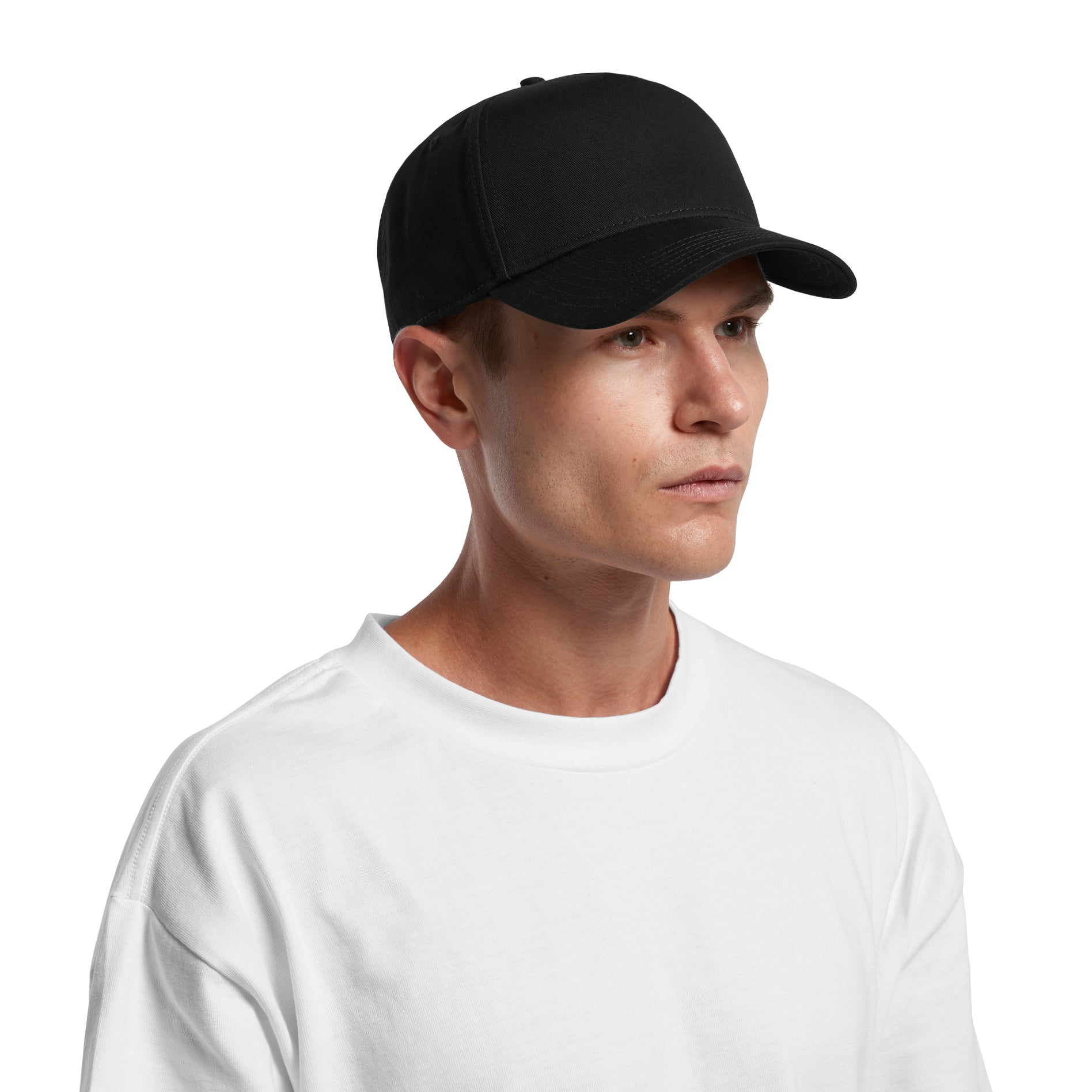 Image of model wearing the AS Colour Frame Cap in Black
