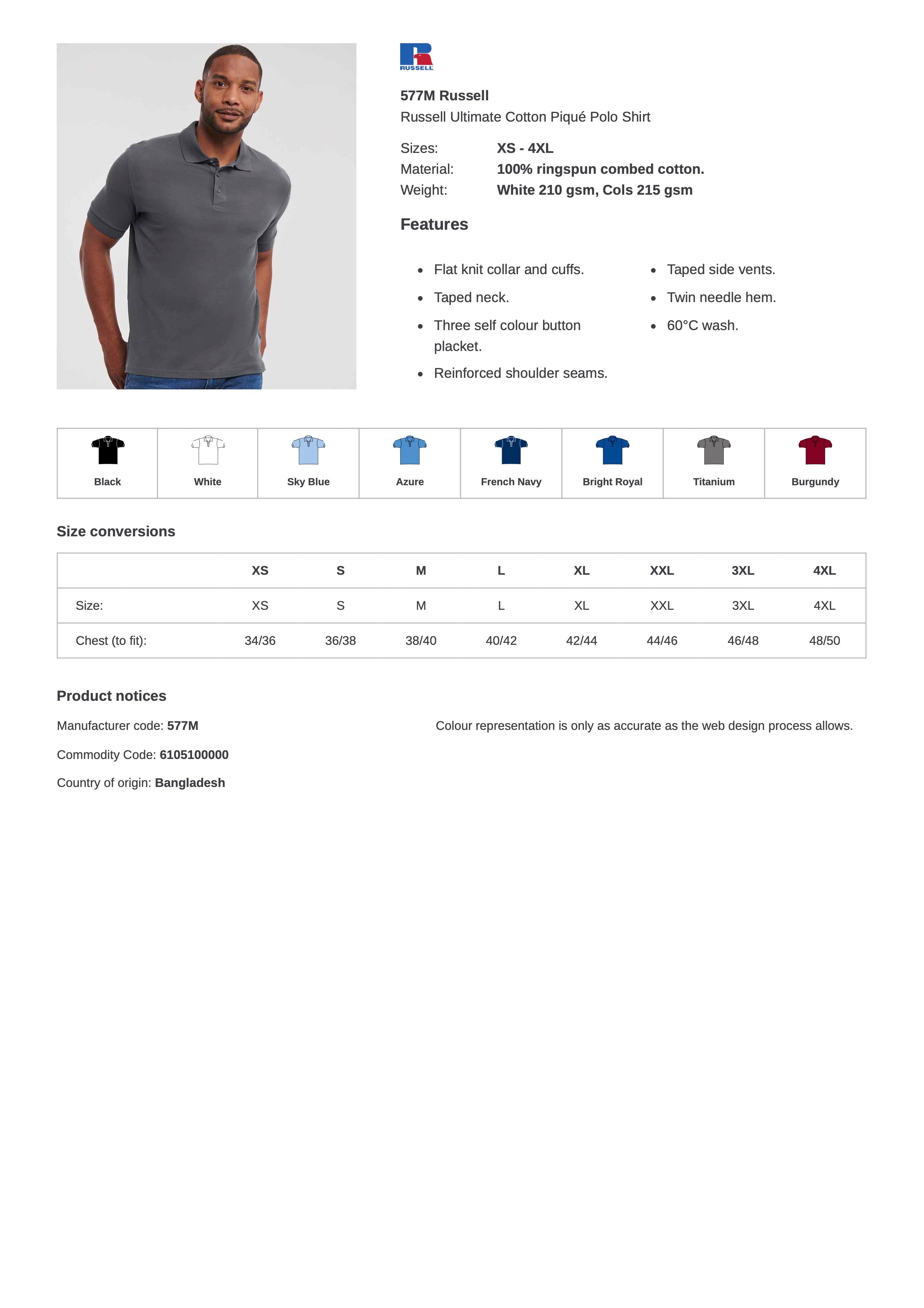 Product sheet showing colours sizes and features of russell ultimate cotton pique polo-shirt