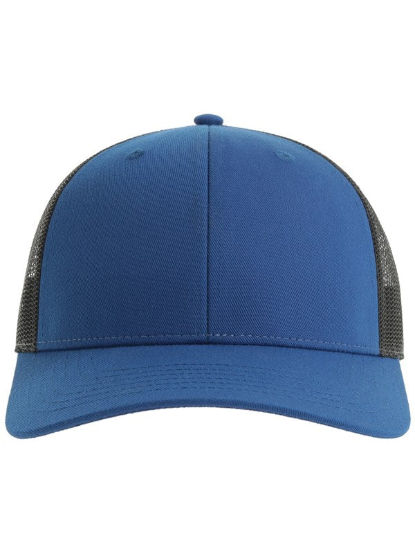 front product image of atlantis bryce recycled trucker 6 panel cap in colour royal/black