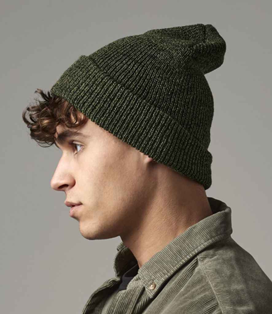 image of male model wearing beechfield heritage beanie in antique moss colour