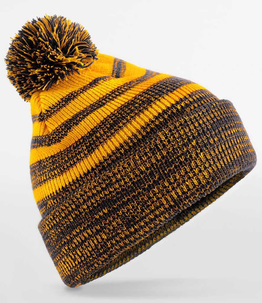 product image of beechfield team stripe beanie in colour gold and black photographed on a white background
