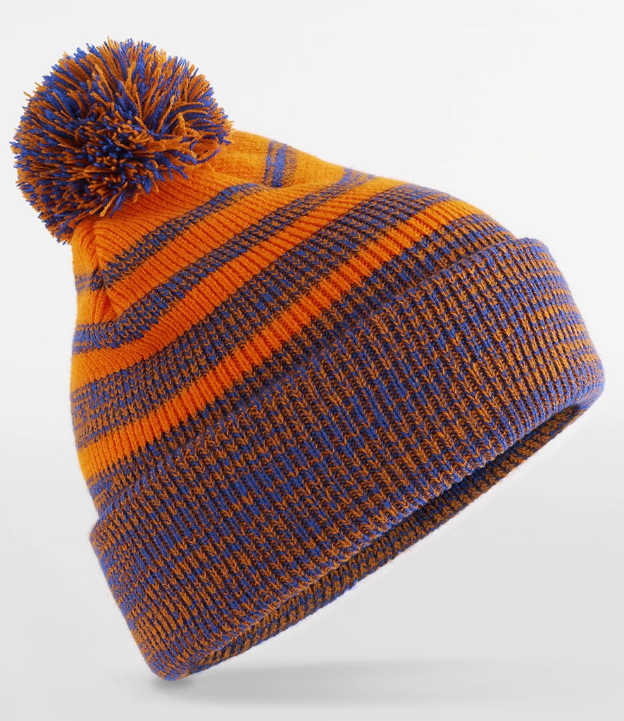 product image of beechfield team stripe beanie in colour orange and royal blue photographed on a white background