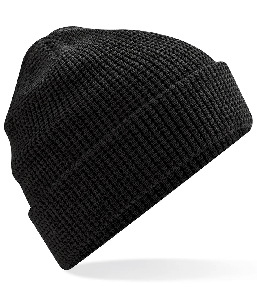 product image of Beechfield Organic Cotton Waffle Beanie in colour black photographed on a white background