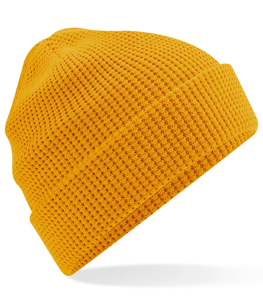 product image of Beechfield Organic Cotton Waffle Beanie in colour mustard photographed on a white background