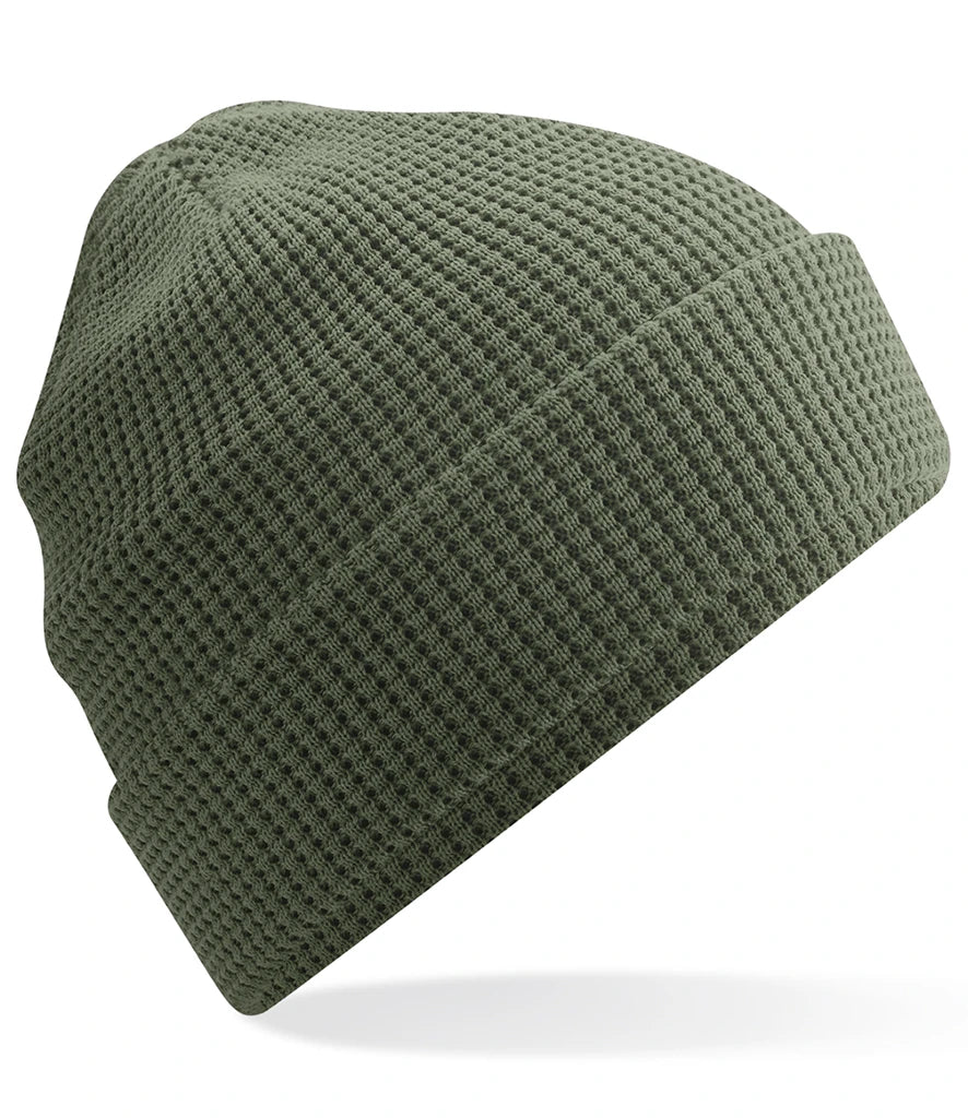 product image of Beechfield Organic Cotton Waffle Beanie in colour olive green photographed on a white background