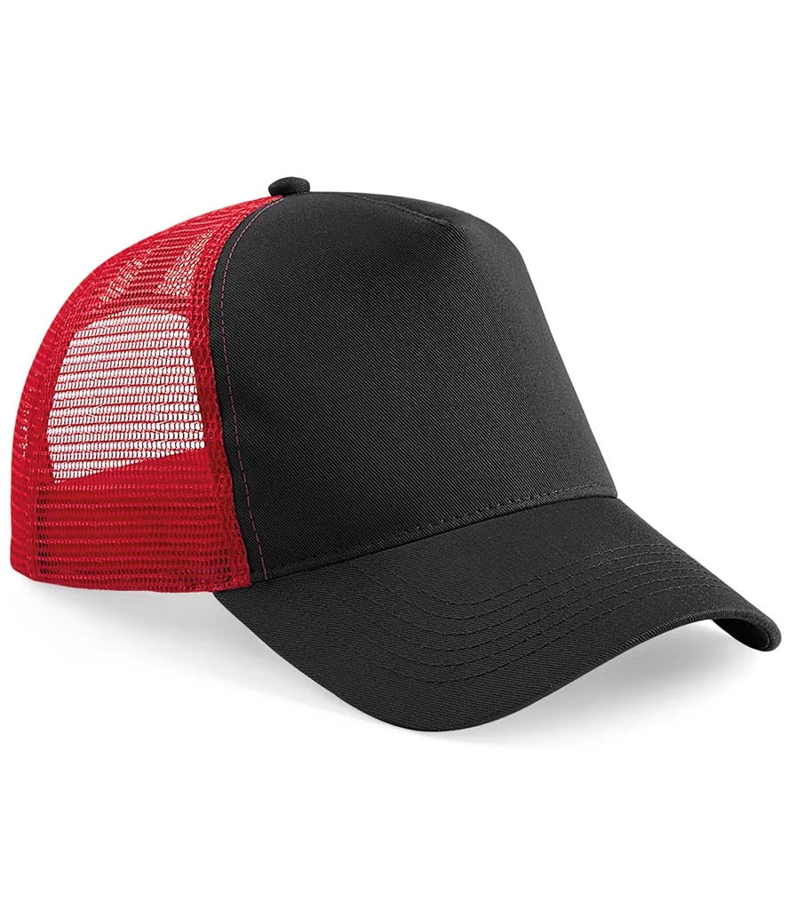 Product image of Beechfield Snapback Trucker Cap in black and classic red on a white background
