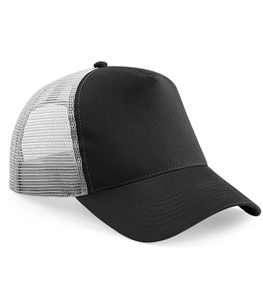Product image of Beechfield Snapback Trucker Cap in black and grey on a white background
