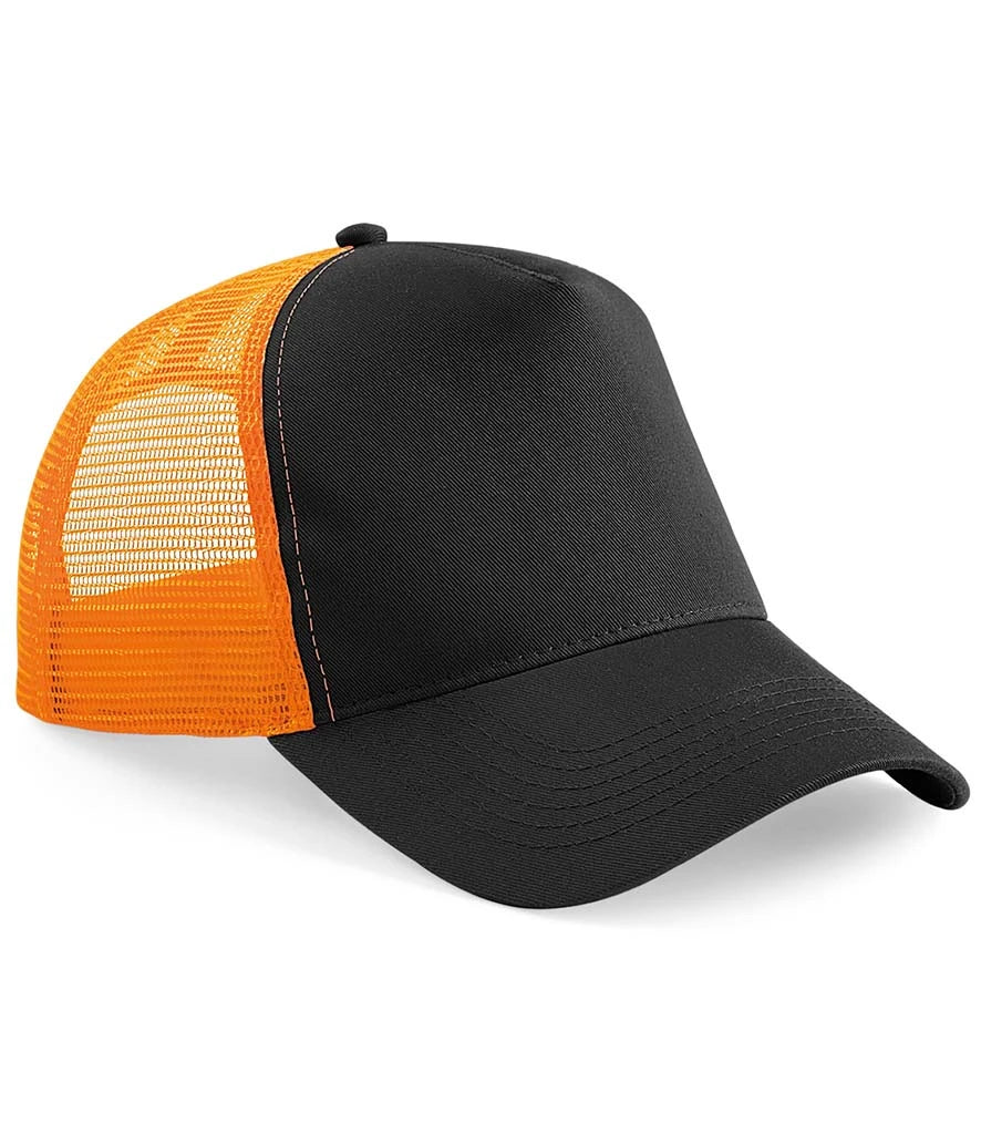 Product image of Beechfield Snapback Trucker Cap in black and orange on a white background
