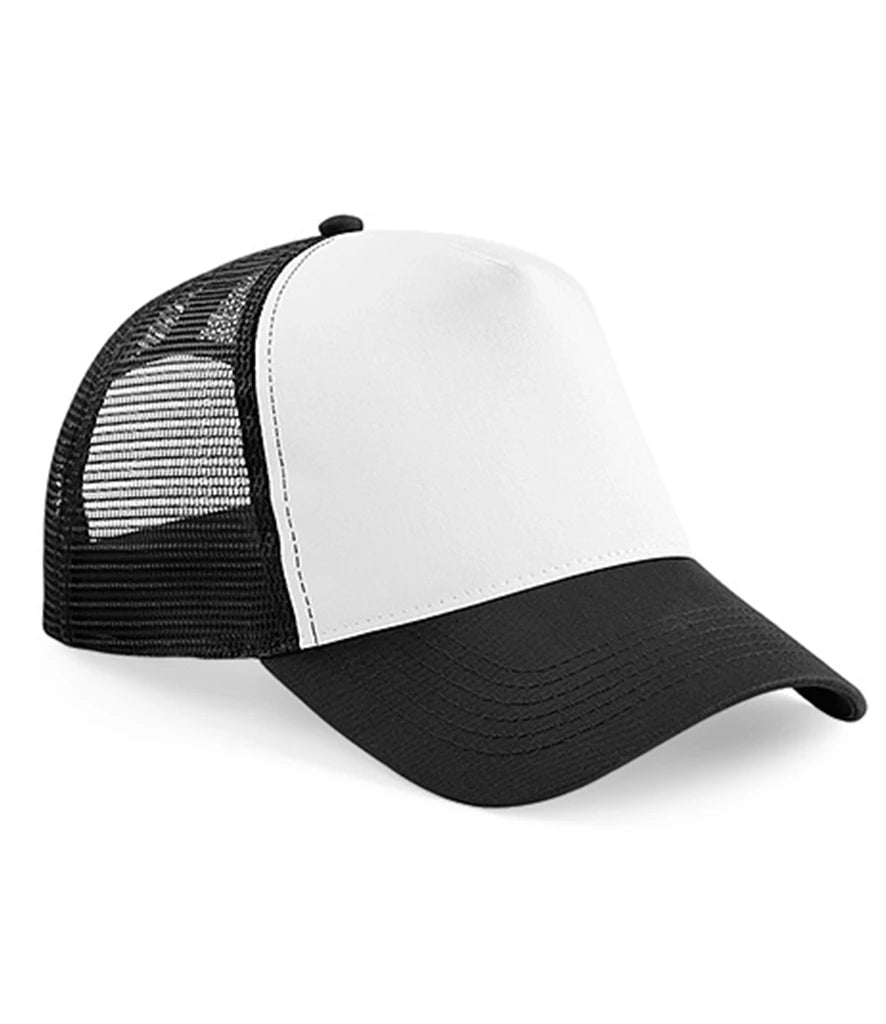 Product image of Beechfield Snapback Trucker Cap in black and white on a white background
