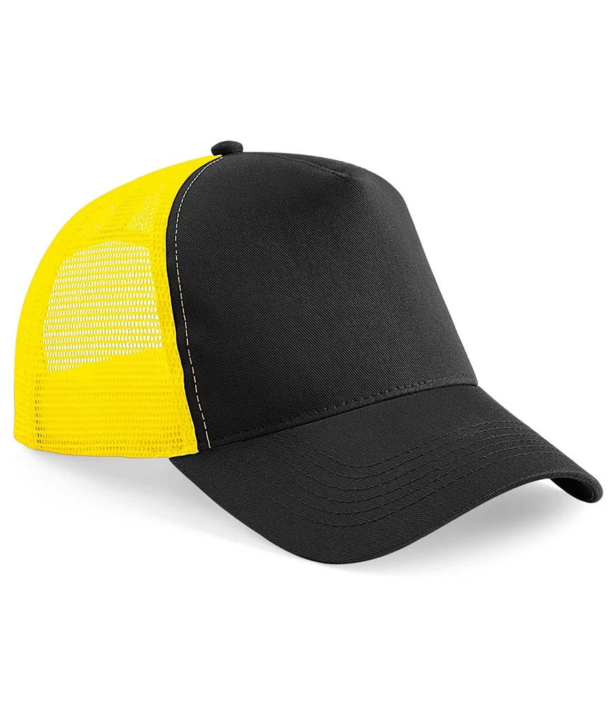Product image of Beechfield Snapback Trucker Cap in black and yellow on a white background
