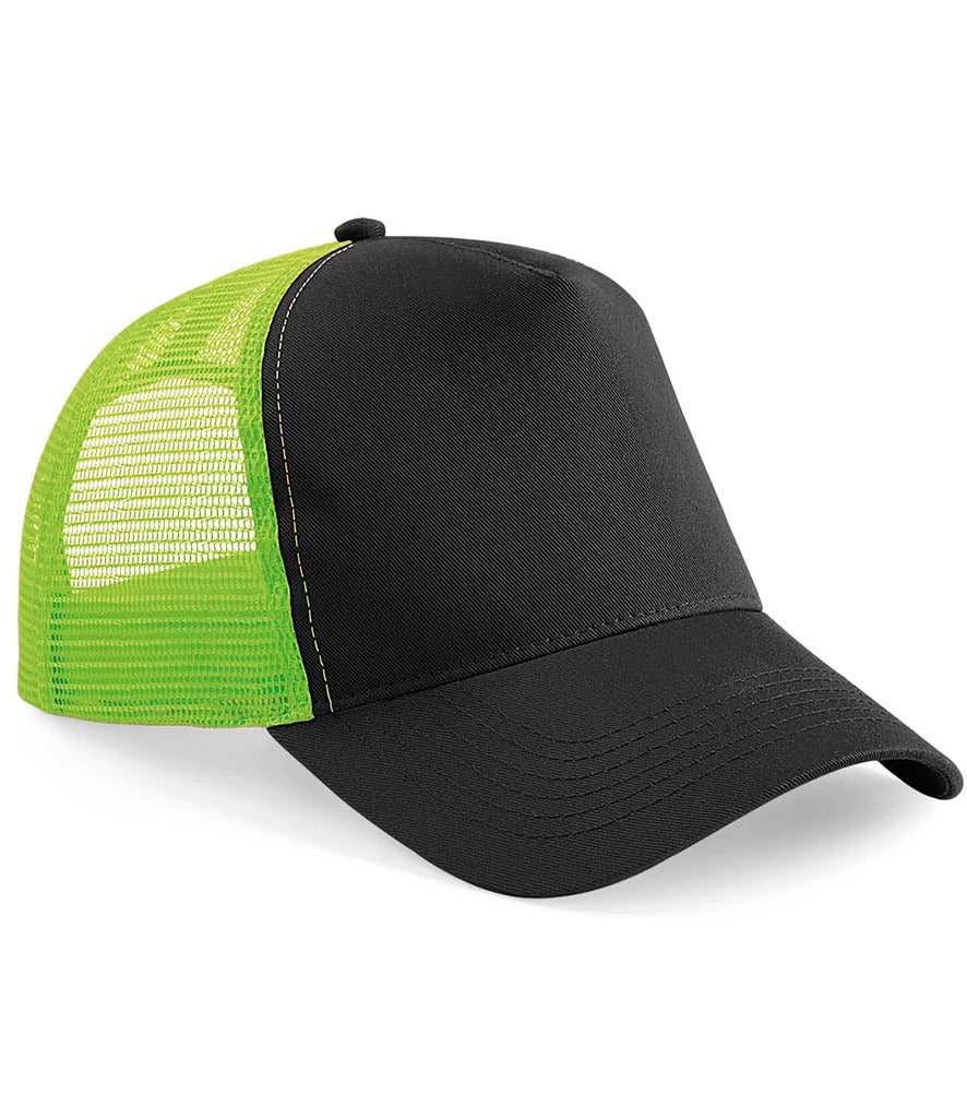 Product image of Beechfield Snapback Trucker Cap in black and lime on a white background
