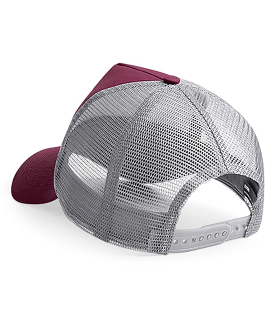 Product image of Beechfield Snapback Trucker Cap in burgundy and grey viewed from the back on a white background
