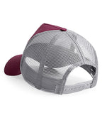 Product image of Beechfield Snapback Trucker Cap in burgundy and grey viewed from the back on a white background
