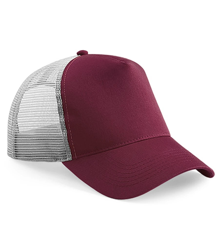 Product image of Beechfield Snapback Trucker Cap in burgundy and grey on white background
