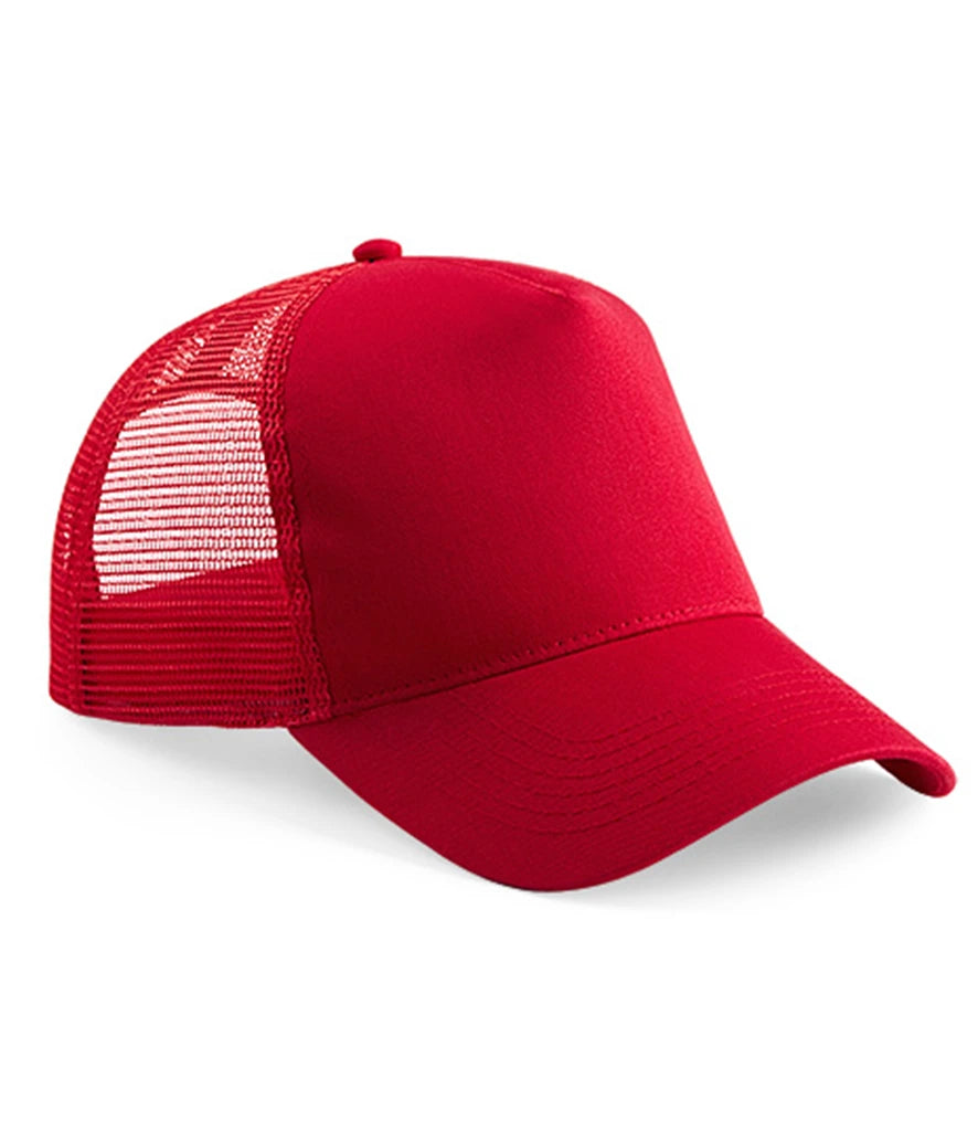Product image of Beechfield Snapback Trucker Cap in classic red on a white background
