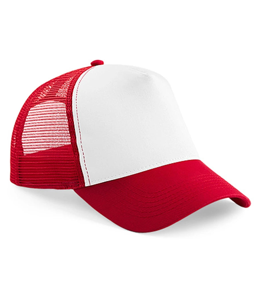 Product image of Beechfield Snapback Trucker Cap in classic red and white on a white background
