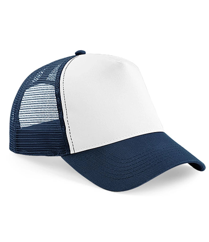 Product image of Beechfield Snapback Trucker Cap in french navy and white on a white background
