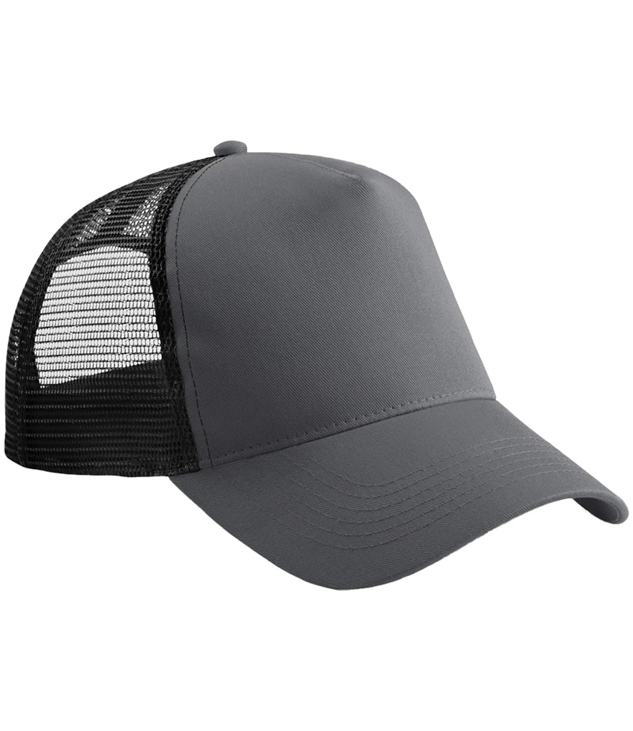 Product image of Beechfield Snapback Trucker Cap in graphite grey and black on a white background
