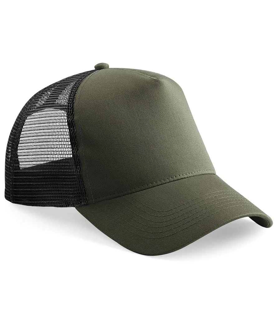 Product image of Beechfield Snapback Trucker Cap in olive and black on a white background
