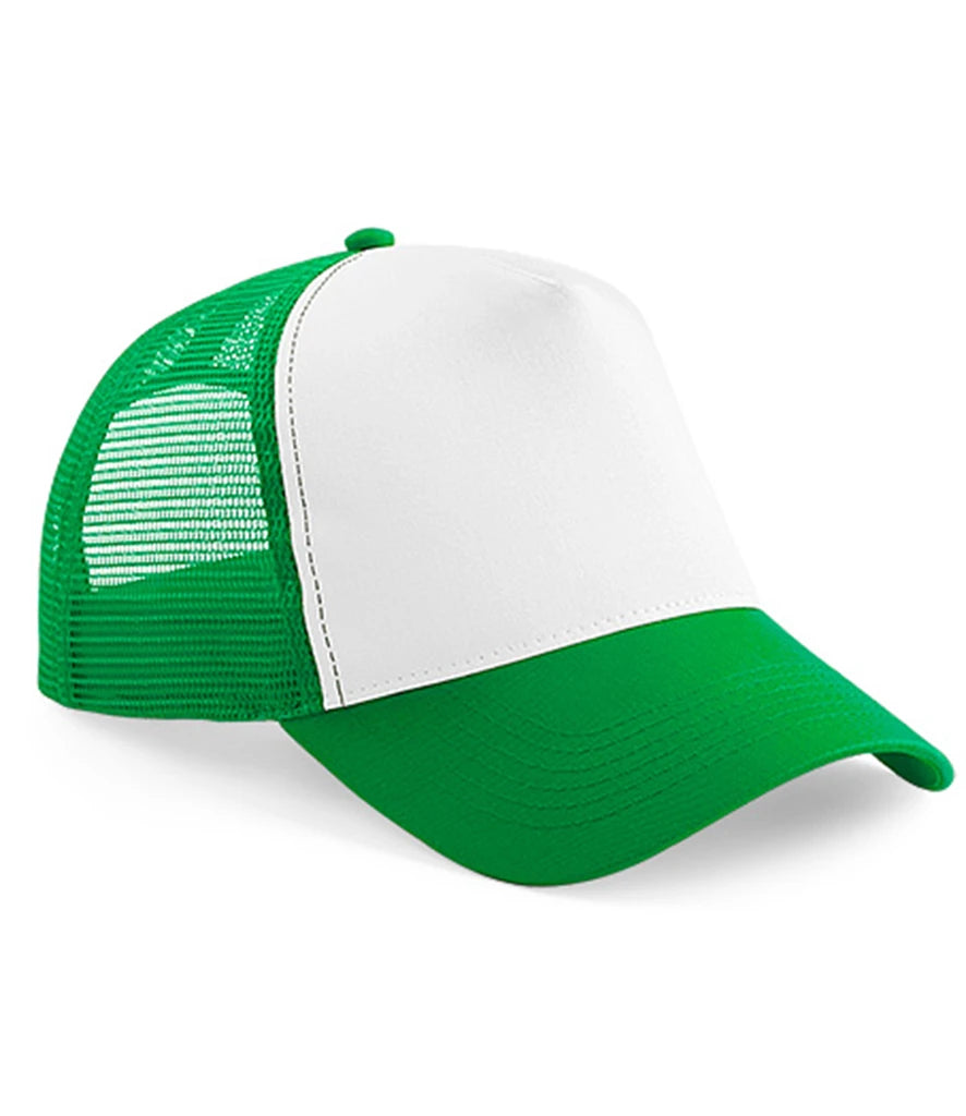 Product image of Beechfield Snapback Trucker Cap in pure green and white on a white background
