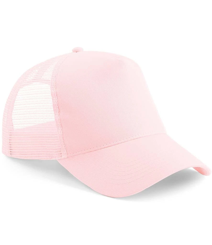 Product image of Beechfield Snapback Trucker Cap in pastel pink on white background
