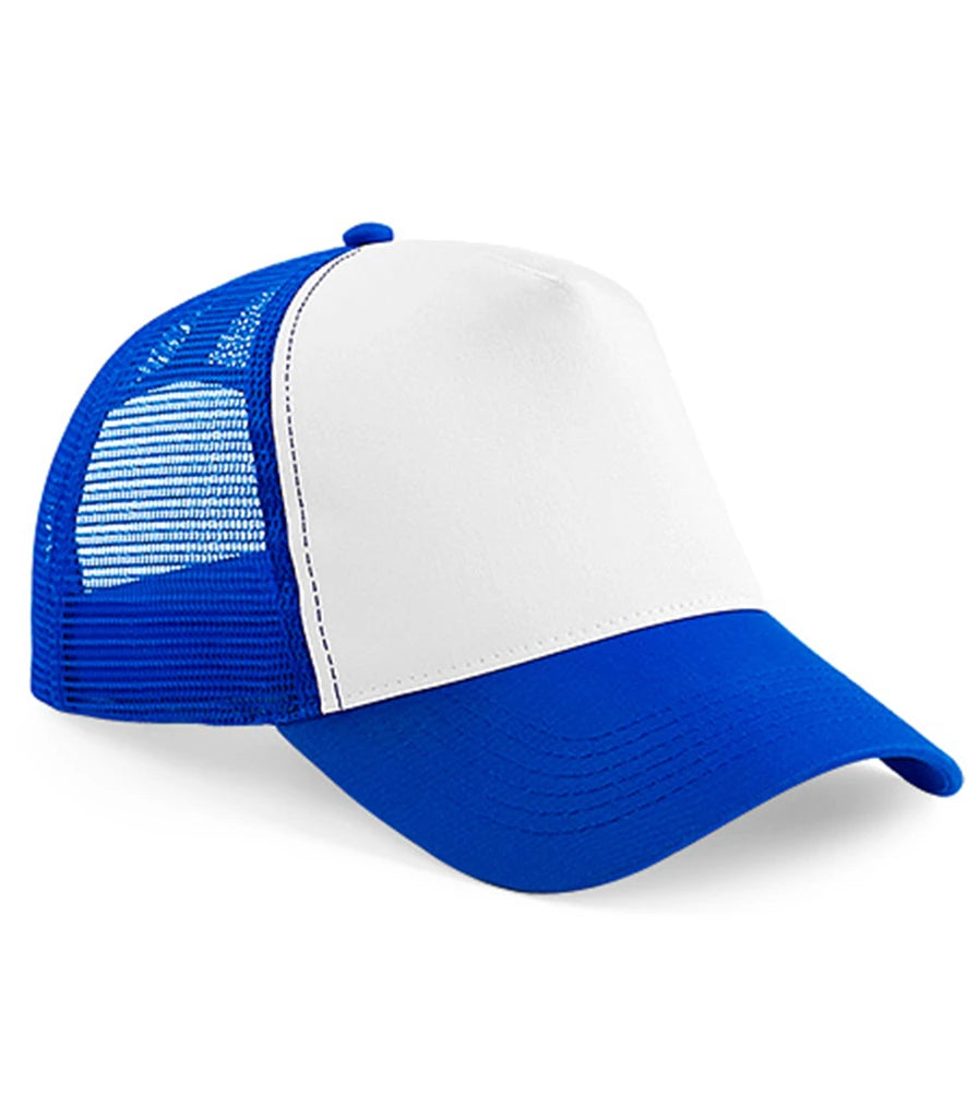 Product image of Beechfield Snapback Trucker Cap in royal blue and white on a white background