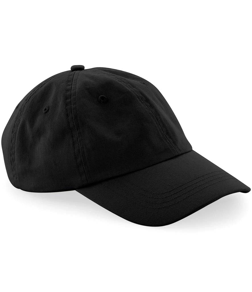 product image of Beechfield Low Profile 6 Panel Dad Cap in black viewed from the side on a white background
