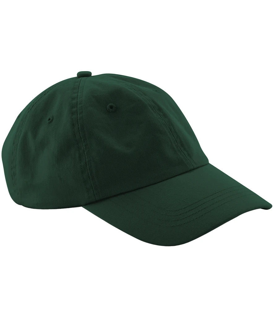 product image of Beechfield Low Profile 6 Panel Dad Cap in bottle green viewed from the side on a white background
