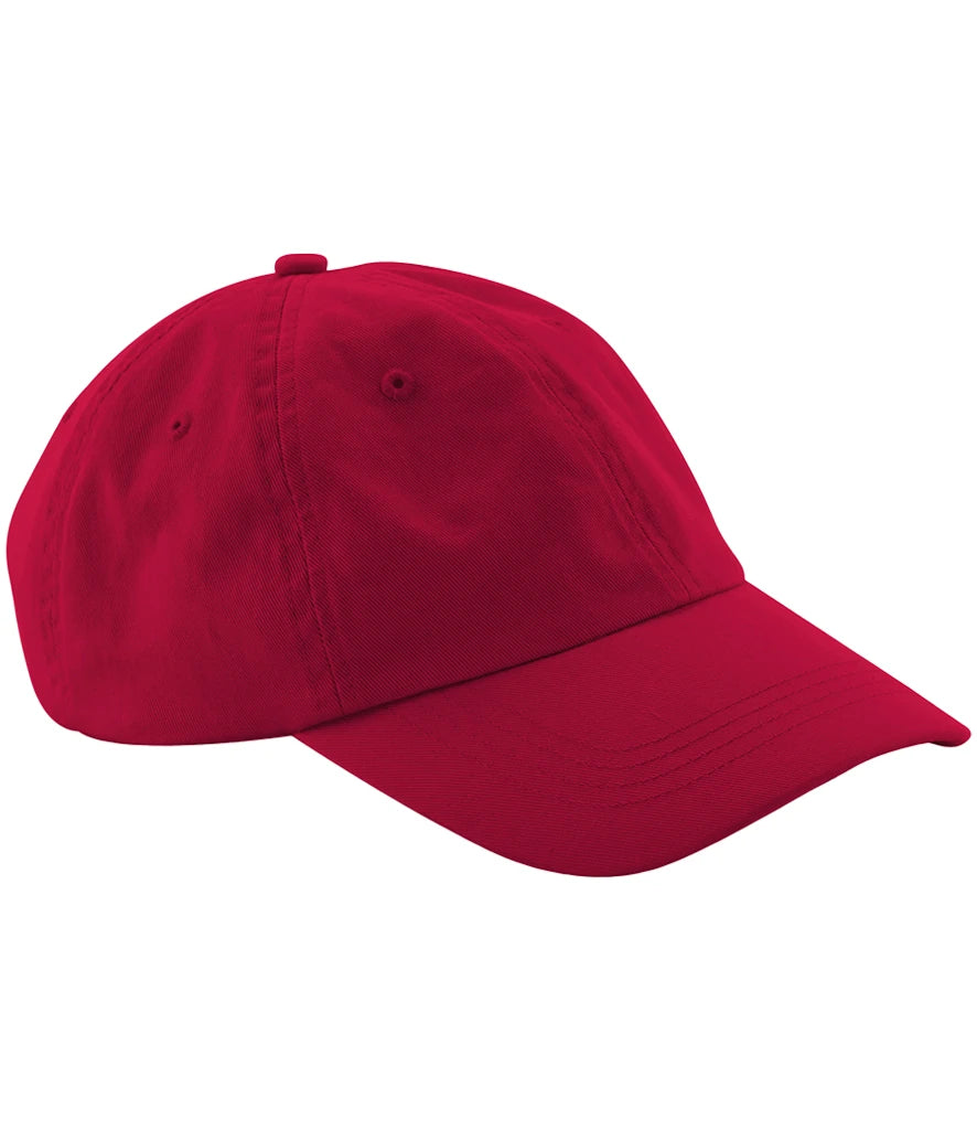 product image of Beechfield Low Profile 6 Panel Dad Cap in classic red viewed from the side on a white background
