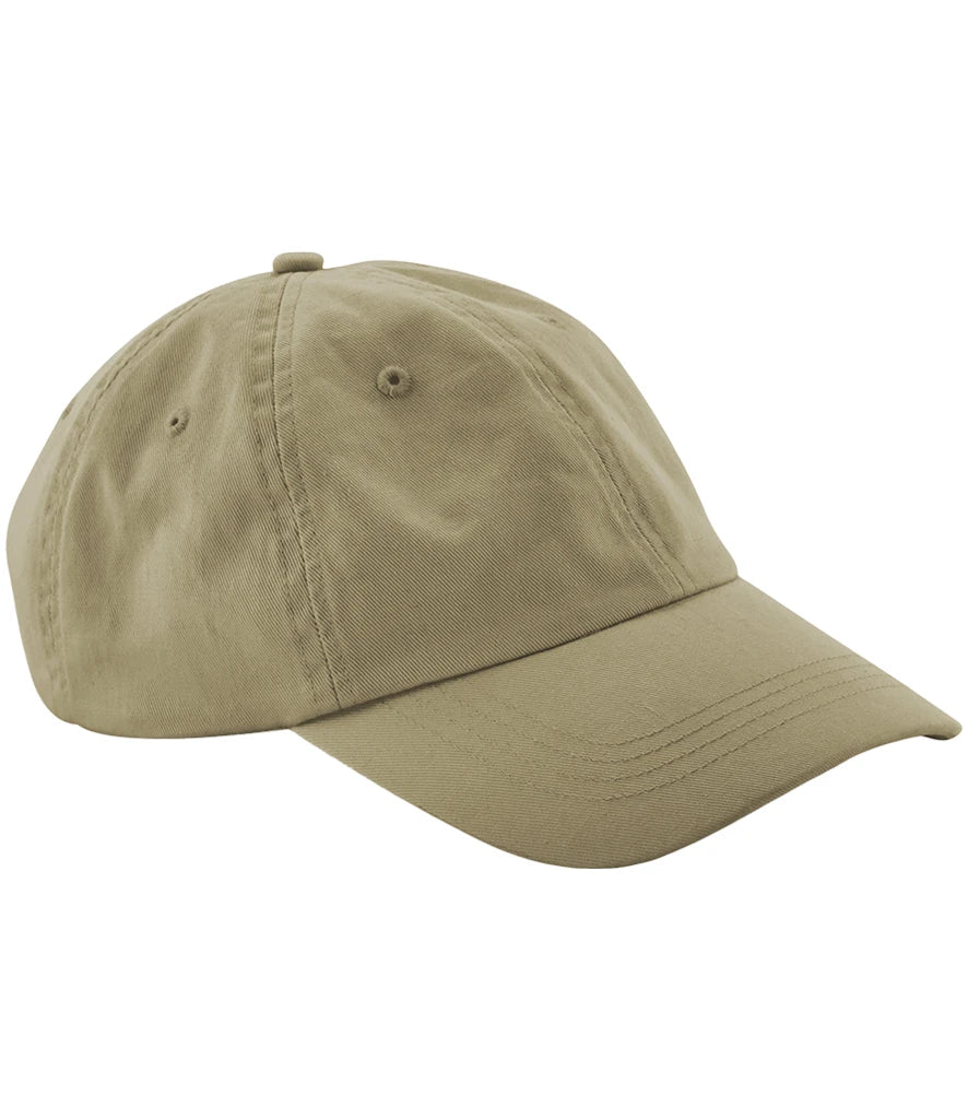 product image of Beechfield Low Profile 6 Panel Dad Cap in desert sand viewed from the side on a white background
