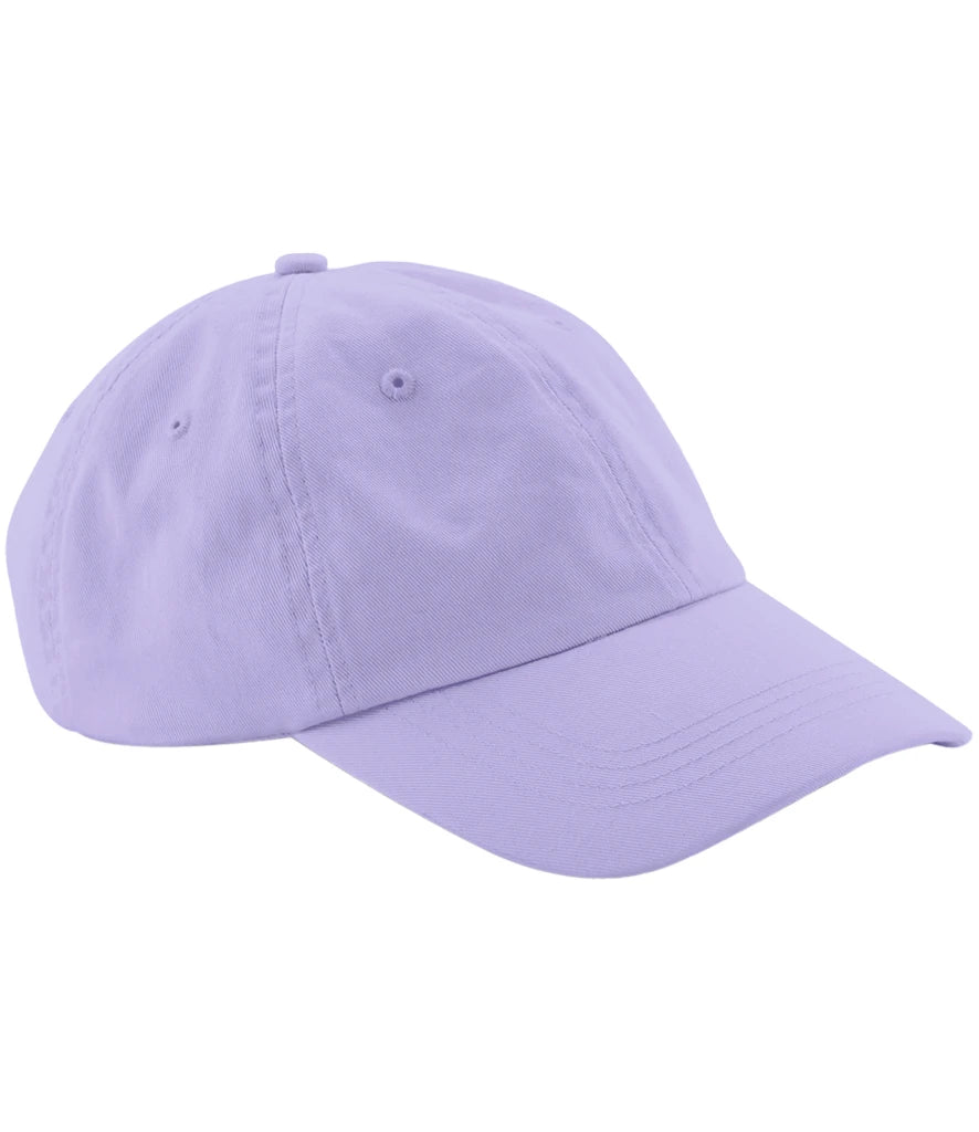 product image of Beechfield Low Profile 6 Panel Dad Cap in lavender viewed from the side on a white background
