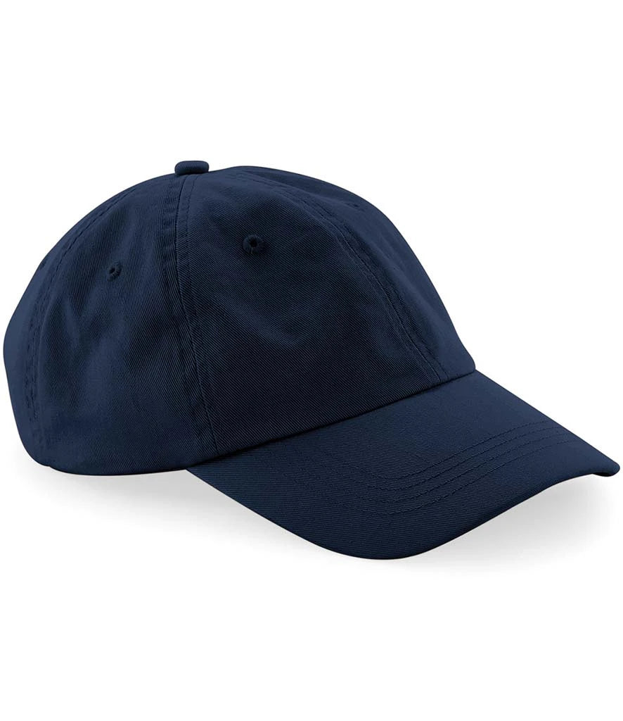 product image of Beechfield Low Profile 6 Panel Dad Cap in navy viewed from the side on a white background
