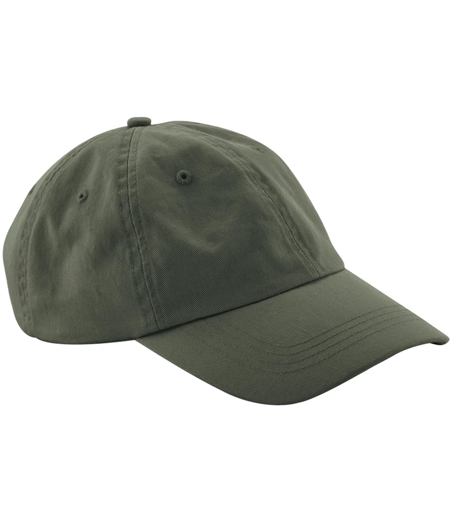 product image of Beechfield Low Profile 6 Panel Dad Cap in olive viewed from the side on a white background
