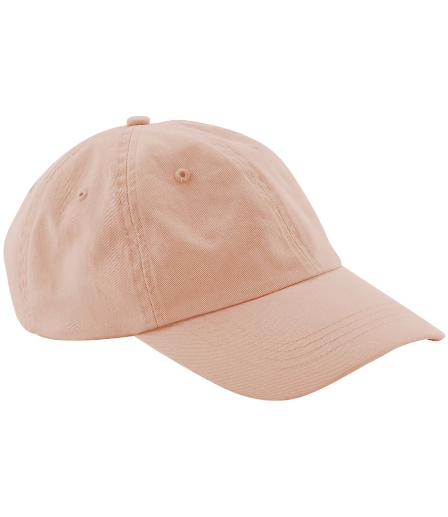 product image of Beechfield Low Profile 6 Panel Dad Cap in peach viewed from the side on a white background
