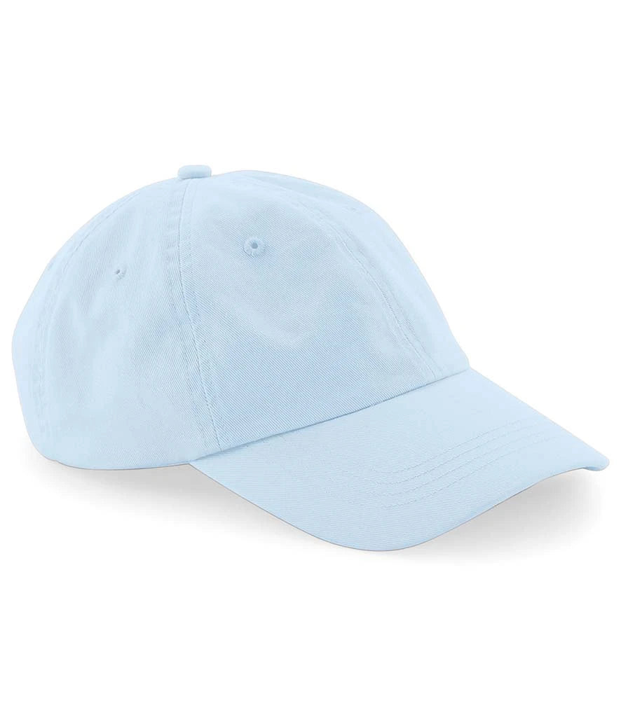 product image of Beechfield Low Profile 6 Panel Dad Cap in pastel blue viewed from the side on a white background

