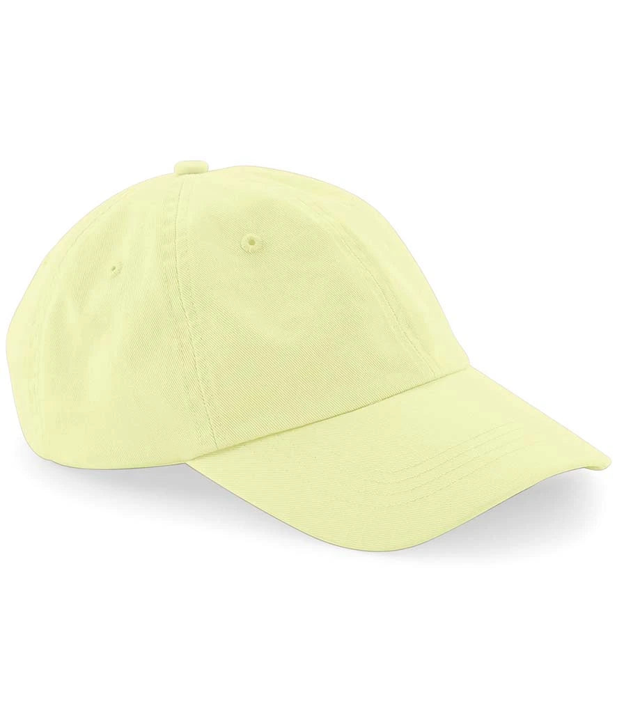 product image of Beechfield Low Profile 6 Panel Dad Cap in pastel lemon viewed from the side on a white background
