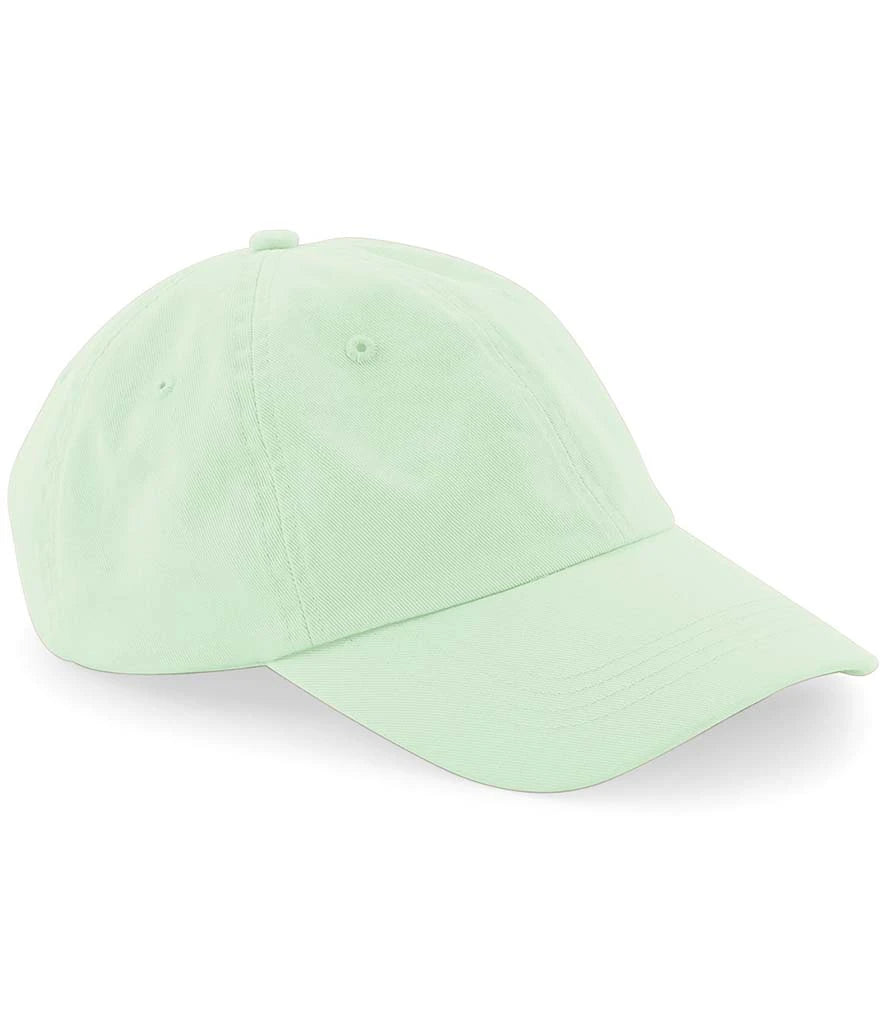 product image of Beechfield Low Profile 6 Panel Dad Cap in pastel mint viewed from the side on a white background
