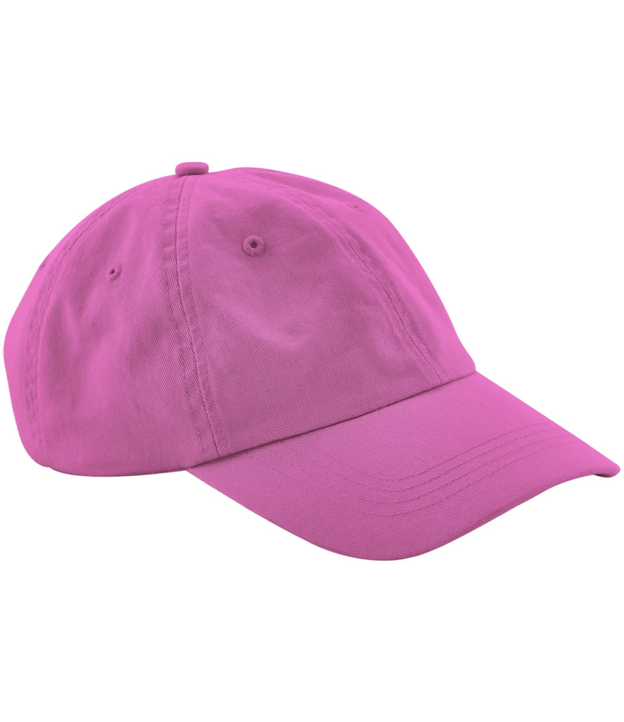 product image of Beechfield Low Profile 6 Panel Dad Cap in true pink viewed from the side on a white background
