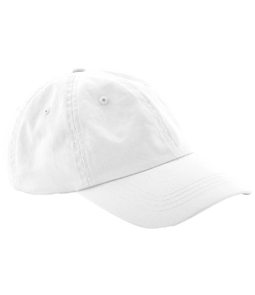 product image of Beechfield Low Profile 6 Panel Dad Cap in white viewed from the side on a white background
