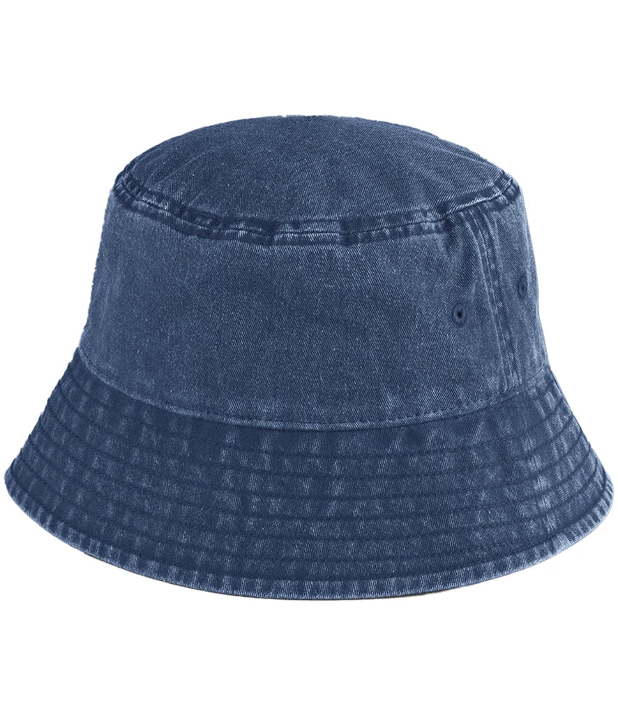 Vintage blue denim bucket hat on a white background