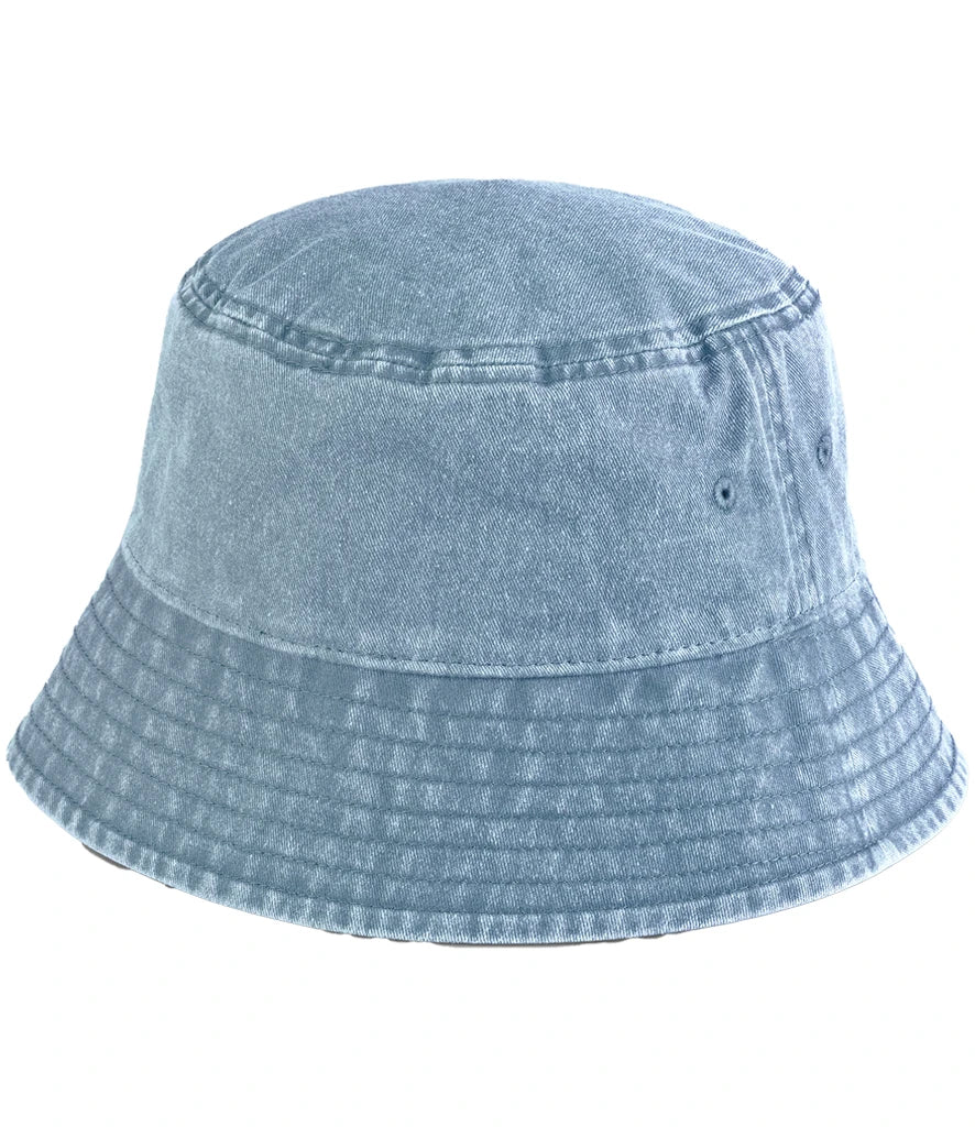 Vintage light blue denim bucket hat on a white background