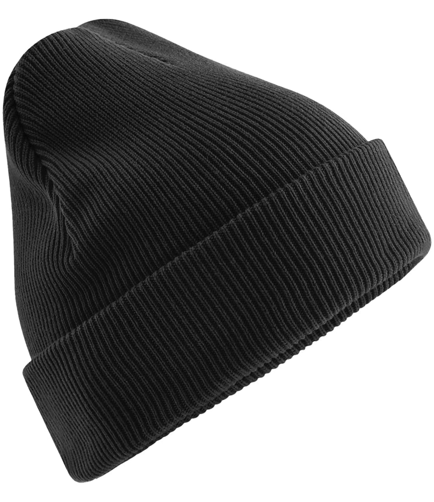 Product image of Beechfield Organic Cotton Original Heavyweight Cuffed Beanie in the colour black viewed from the side on a white background