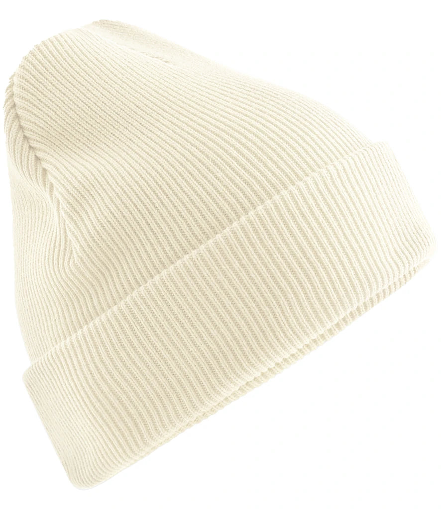 Product image of Beechfield Organic Cotton Original Heavyweight Cuffed Beanie in the colour off white viewed from the side on a white background